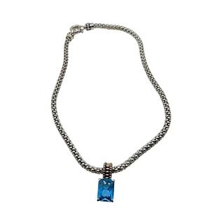 Blue Topaz Emerald Cut Pendant Popcorn Chain Necklace Silver Gold Tone Designer